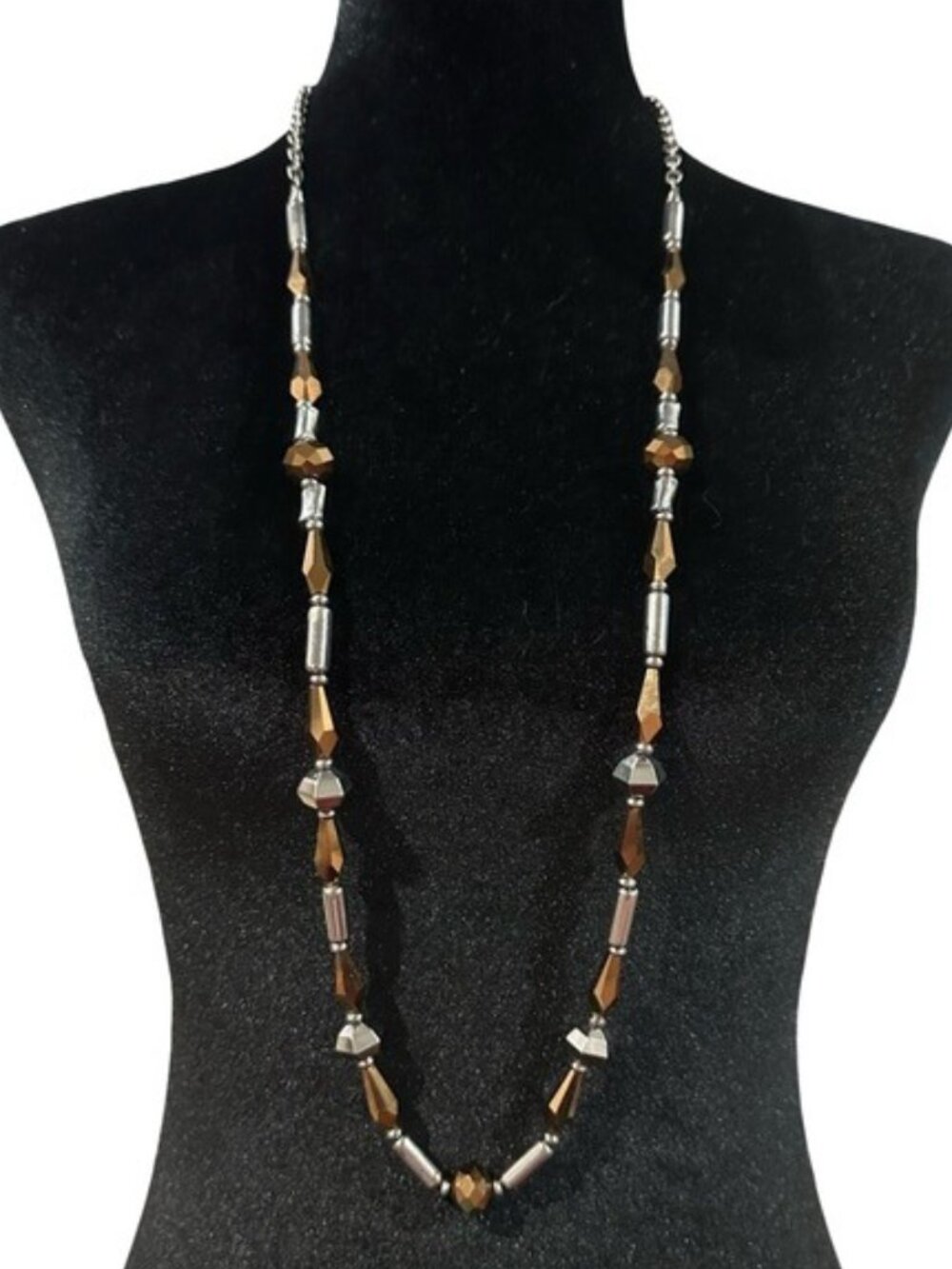 C 1946 Long Beaded Necklace Silver Tone Brown